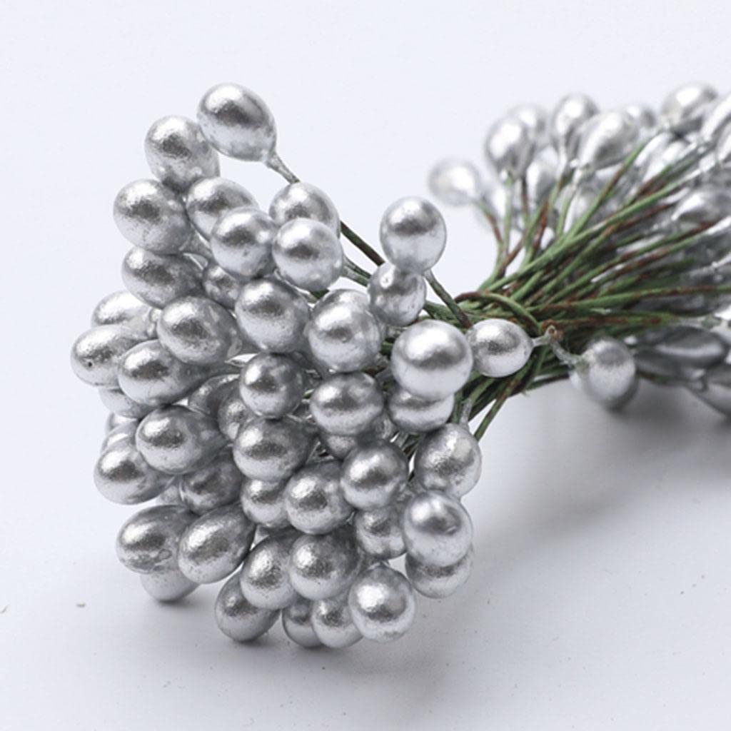 200pcs Artificial Double Head Berries DIY Craft Silver Golden-picture-15