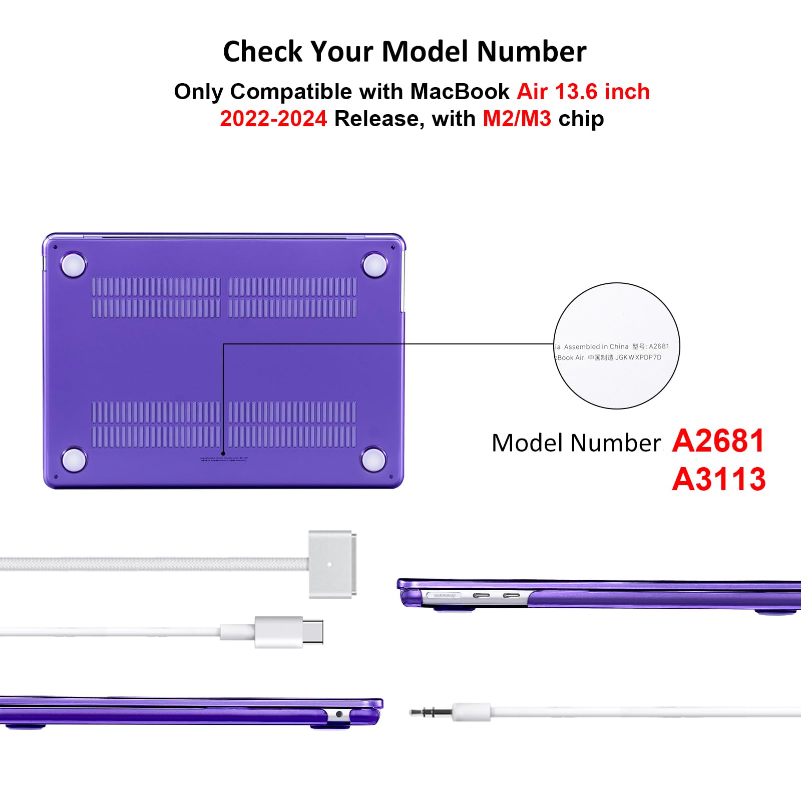 EooCoo Custodia Compatibile con MacBook Air 13.6 Pollici 2024 2023 Rilasciato, M3 M2 A3113 A2681 con Touch ID, Plastica Cover Rigide per Mac Air 13,6", Superficie Lucida - Viola Scuro