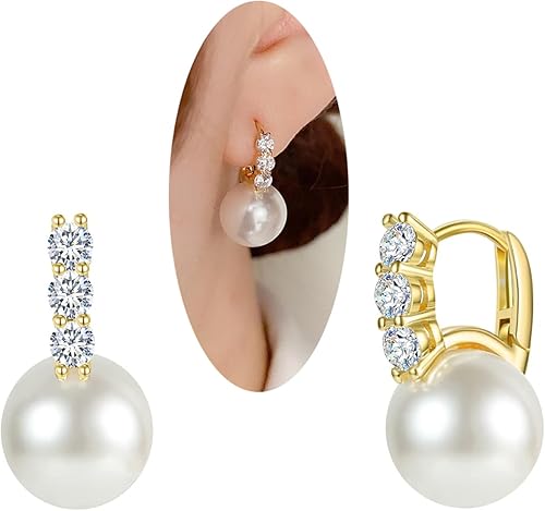 RITACH Aretes de perlas para mujer, plata de ley 925, oro blanco, aretes colgantes de gota de circonita cúbica 5A, tamaño grande, 0.472 in