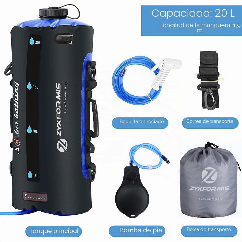 Ducha portatil Camper Ducha para Acampar Bolsa de TPU de 20L con Manguera Larga extraíble Bomba presión Boquilla Pantalla de Temperatura