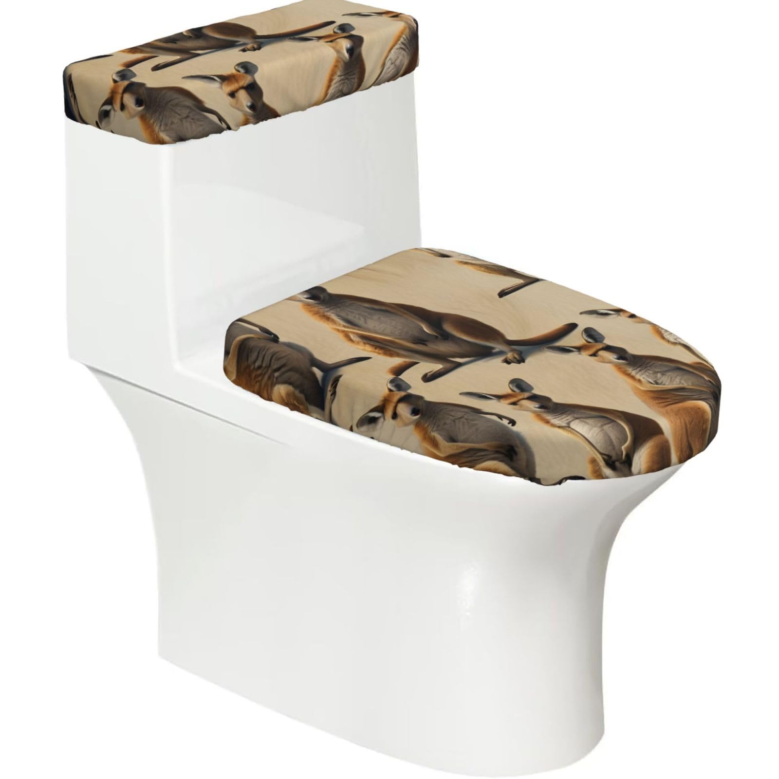 Funny For Kangaroo Zoo Print Stretch Toilet Covers Set, Polyester Covers Replacement For Fits Most Size Lids Bathroom Decor