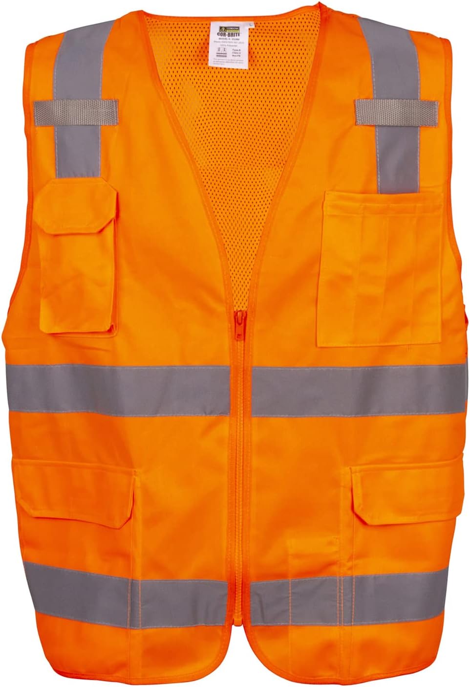 Cordova VS280M Type R, Class II, Orange Surveyors Vest, Solid Front And Mesh Back, 2-Inch Silver Reflective Stripes, Zipper Closure, Multiple Pockets, Medium