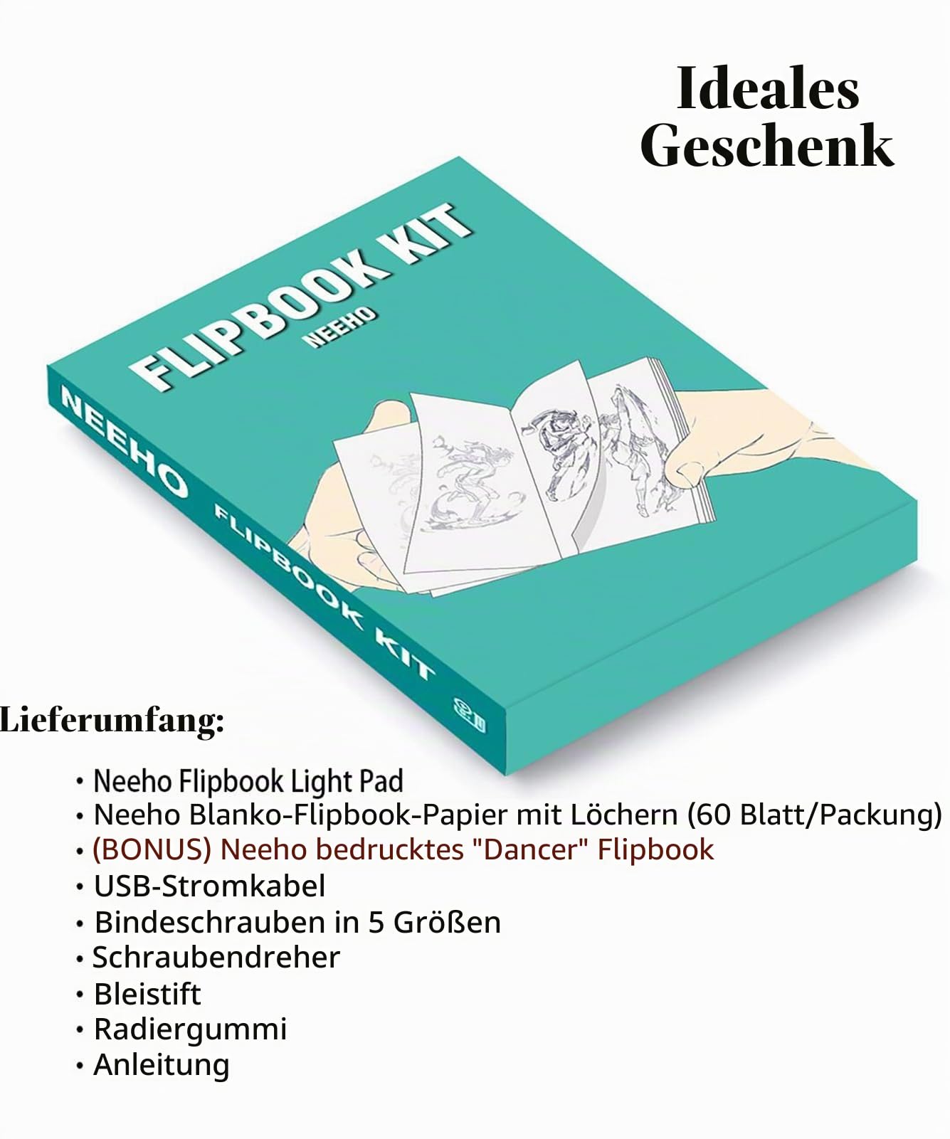 Flipbook Kit, Neeho Flipbook Kit mit Lichtblock zum Zeichnen und Nachzeichnen mit 300 Blatt Premium-vorgebohrtem Flipbook-Papier, LED Lightbox für die Herstellung von Animations-Flipbooks mit