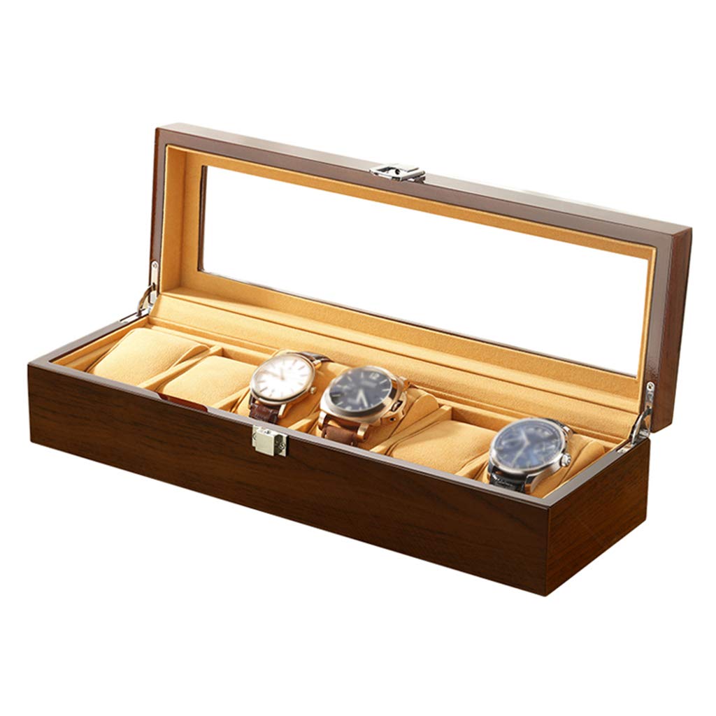 HVMBEUGOS Brown Watch Box - Glass Lid 6 Slots Watch Jewellery Display Storage Box Case Bracelet Tray Wood Black 6 Removable Velvet Pillows