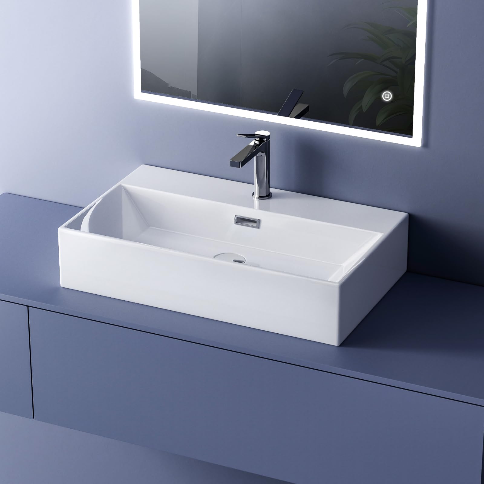 EMKE Lavabo de diseño moderno, lavabo colgante de cerámica de alta calidad con borde fino, lavabo para cuarto de baño y WC invitados, 415 x 360 x 130 mm, blanco, lavabo cuadrado, lavabo en plano