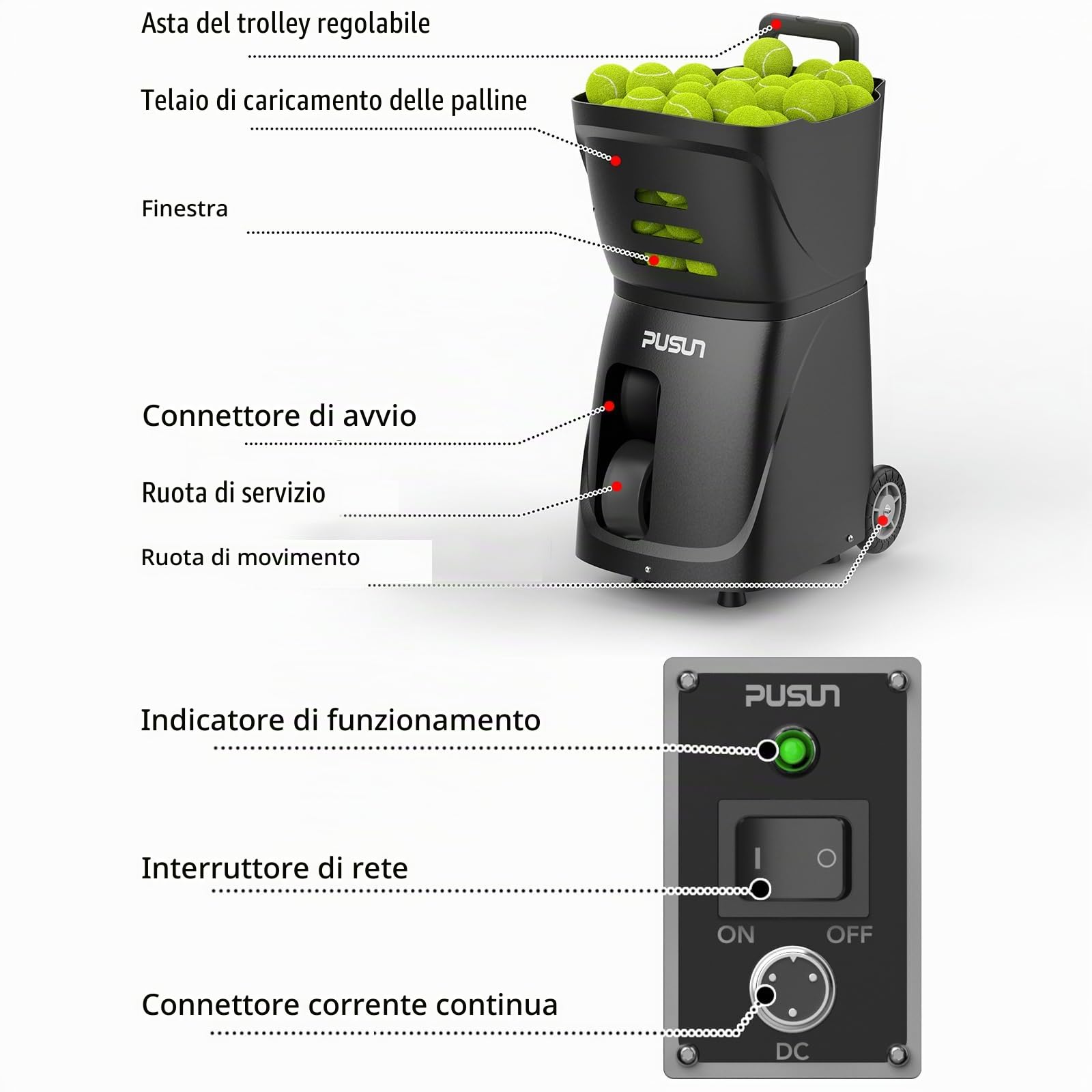 Generico PT-Smart Lanciapalle Tennis Automatica Professionale - Controllo App, 20 Punti Programmabili, 12 modalità Servizio, Batteria 4-6h, Allenamento Avanzato con Spin e velocità Variabile