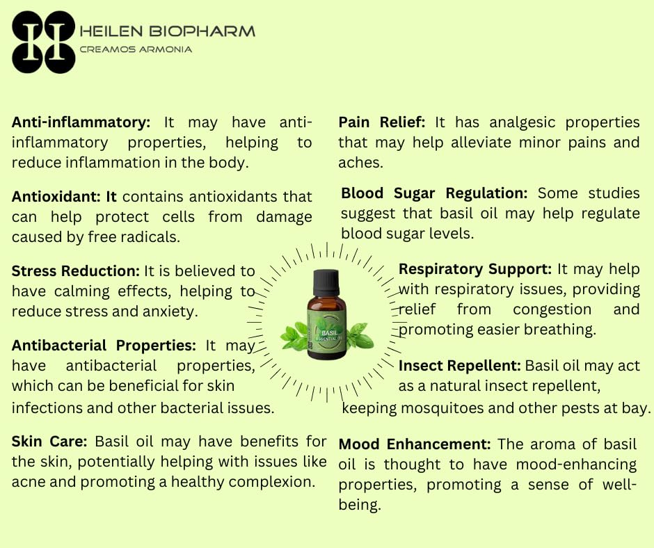 Image of Heilen Biopharm Food Grade Edible Tulsi (Holy Basil) Essential Oil - 15 mL Bottle Pack of 1,For Hair, Skin, Body Massage & Aromatherapy