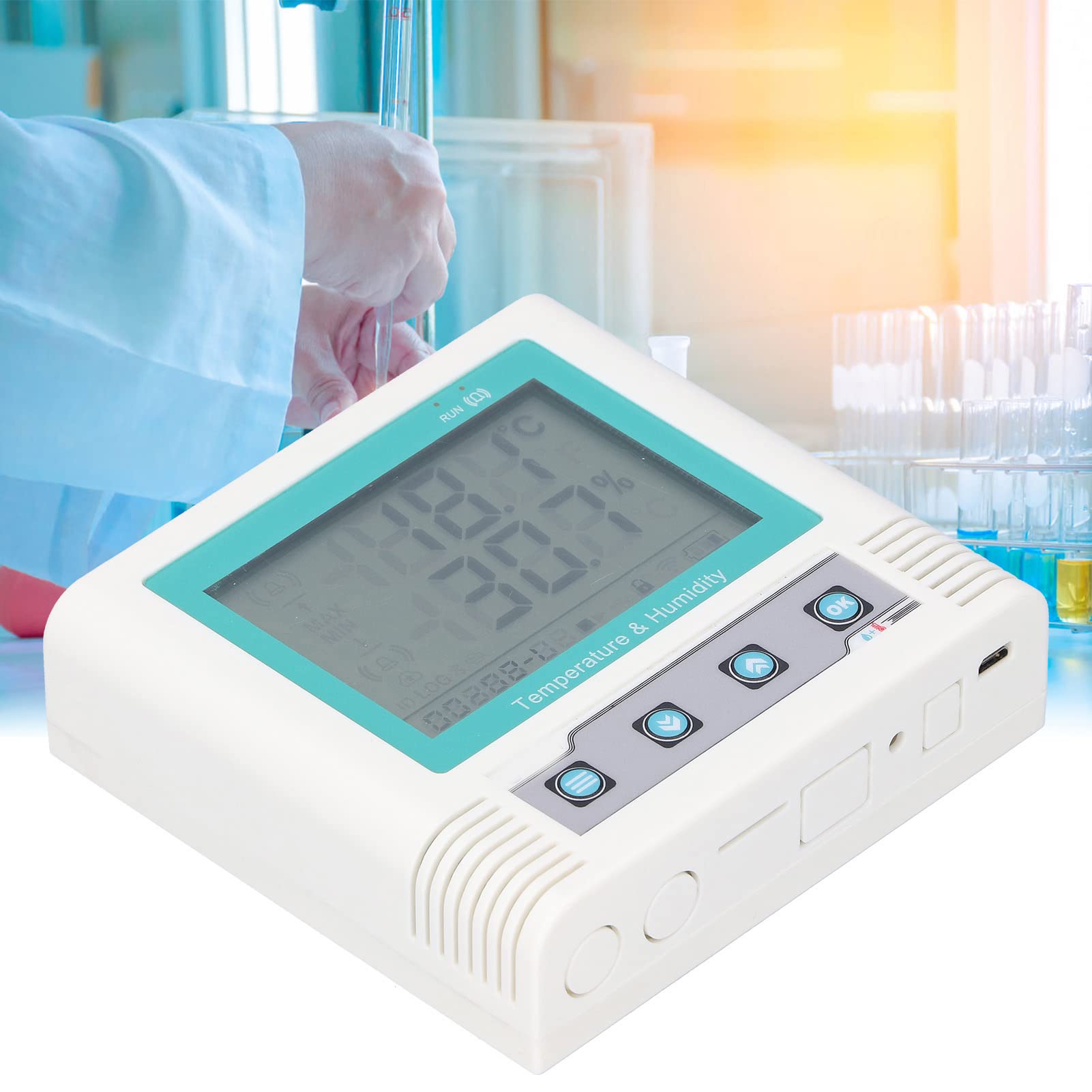 Registrador de Temperatura Digital con Sensor de Alta Precisión para Monitorear Datos de Humedad en Laboratorios y Talleres - ABS, 120 X 113 X 33 Mm (Conjuntos de datos de 26W)