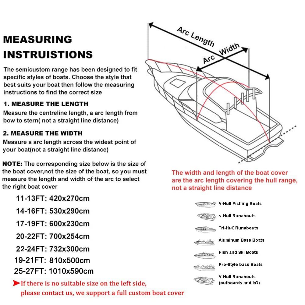 Telo copribarca 11-27 Piedi Multi-Misura in Tessuto 600D, Protezione dalle intemperie per Yacht, Barche da Pesca, Tri-Scafo, 11-13 Piedi: 420 * 270 cm