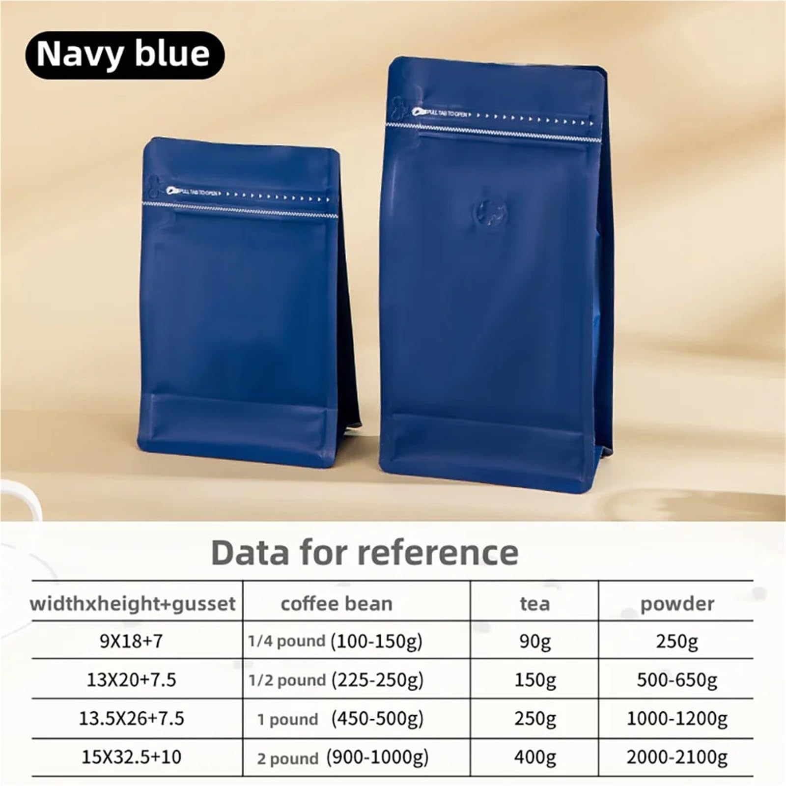 Torebki na kawę z zaworem 50 szt. Matowa jasnozielona folia aluminiowa Torby do przechowywania żywności ziarna kawy Białko w proszku Herbata Orzechy(Navy blue,1kg with valve)