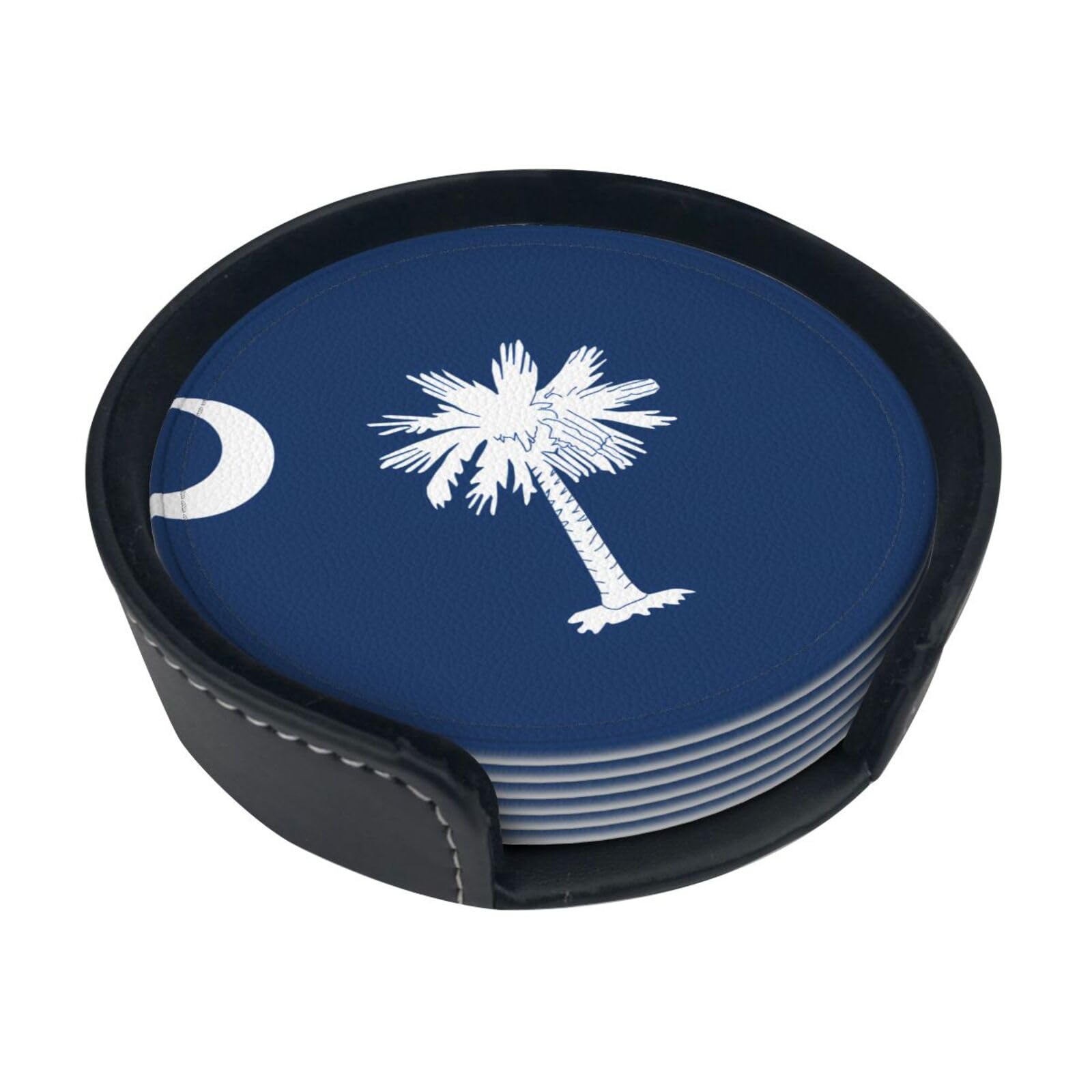 Cntdbu White South Carolina Flag Leather Coasters Set Of 6-Pu Leather Drink Mats For Table, Heat Resistant Round Coasters With Holder