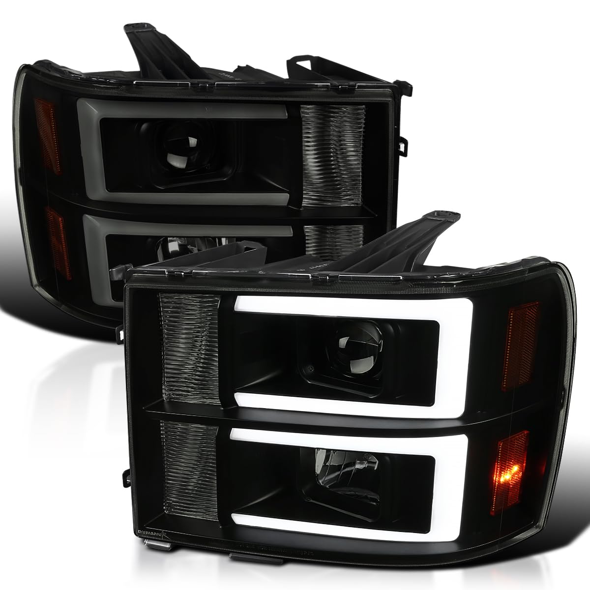 SPEC-D TUNING Black Smoke Projector Headlights w/LED Light Bar Compatible with 2007-2013 GMC Sierra 1500, 1500HD, 2500HD, 3500HD, Left + Right Pair Headlamps Assembly