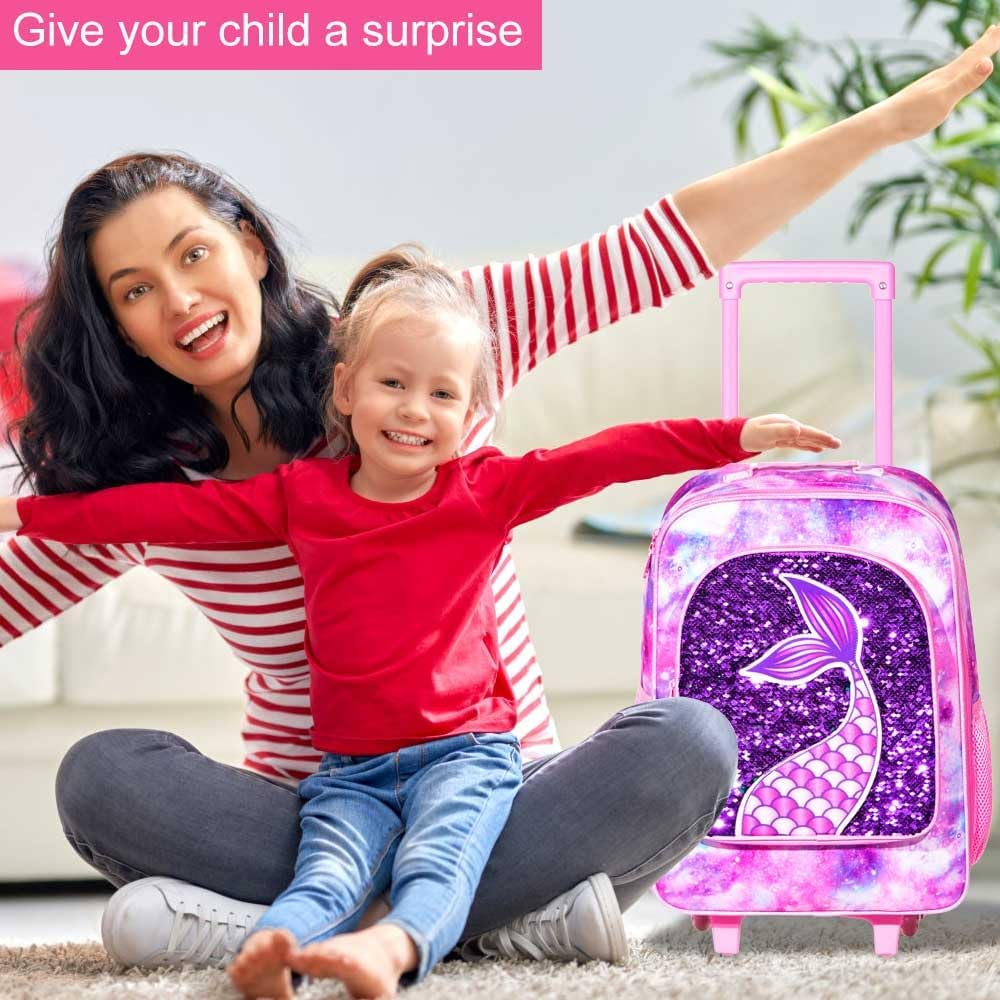 AGSDON 2PCS Kids Luggage, Suitcases for Girls, Carry on Rolling Luggage with Wheels, 18" Toddler Suitcase Set 12" with Sequin Backpack - Pink Mermaid