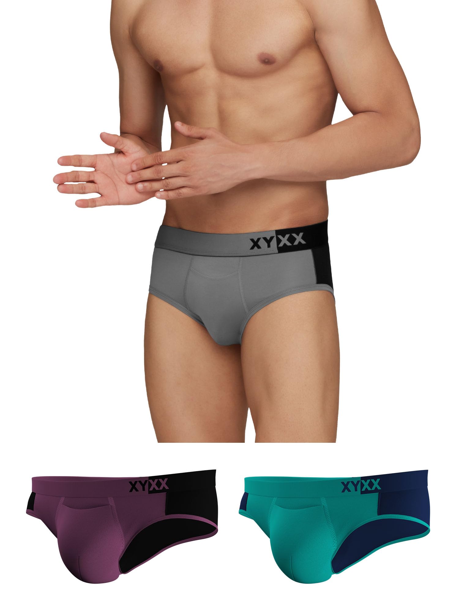 Men Micro Modal Brief, Relaxed Fit, Colorblock, Pack of 3, XYBRF3PCKN794L, Steel Grey & Black + Navigate & Black Iris + Grape Wine & Black, L-image-23