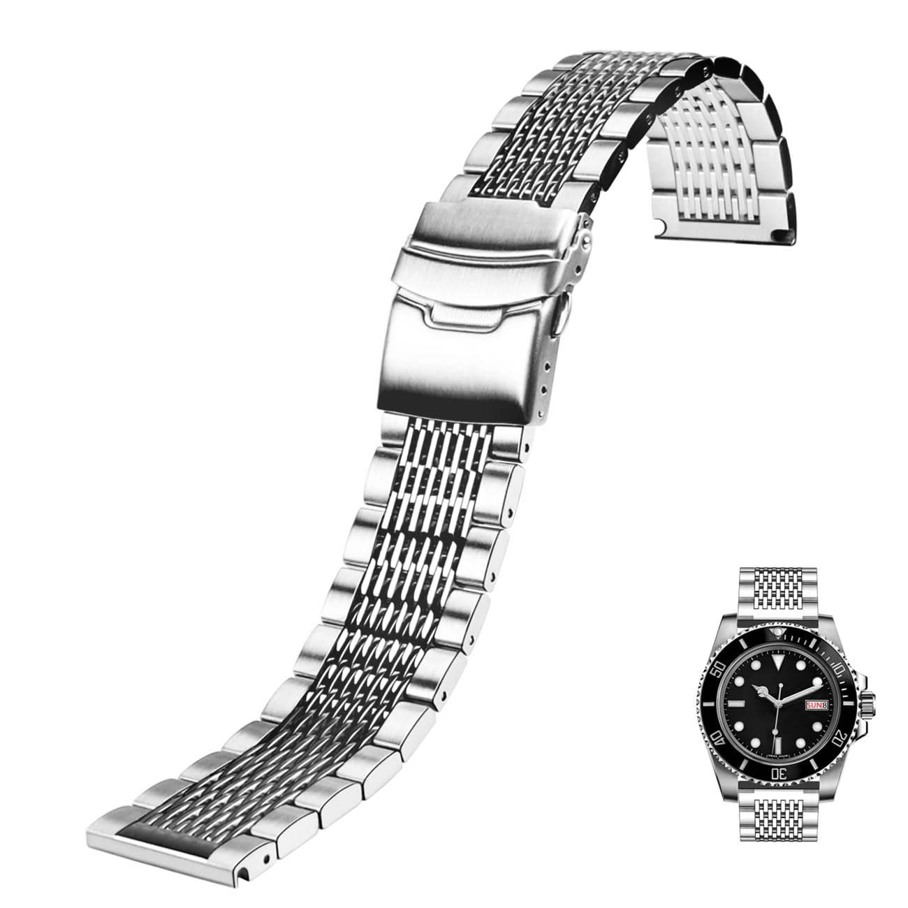 Stainless Steel Watch Band 18mm 20mm 22mm 24mm Solid Mesh Watch Bands Silver Black Metal Watch Bracelet Deployment Buckle Brushed Polished Strap for Men Women