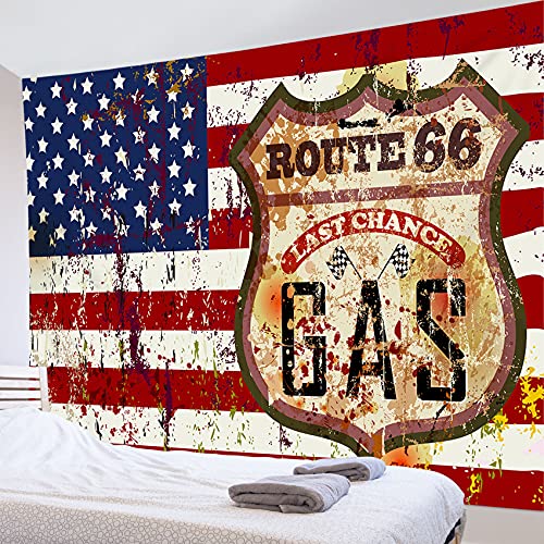 LB タペストリー おしゃれ 壁掛け 風景 アメリカ国旗 レトロ 独立記念日(サイズ:150x100cm)アメリカ旗 ルート66 GAS インテリア 多機能 ホーム装飾 部屋 窓 個性ギフト 布 ポスター