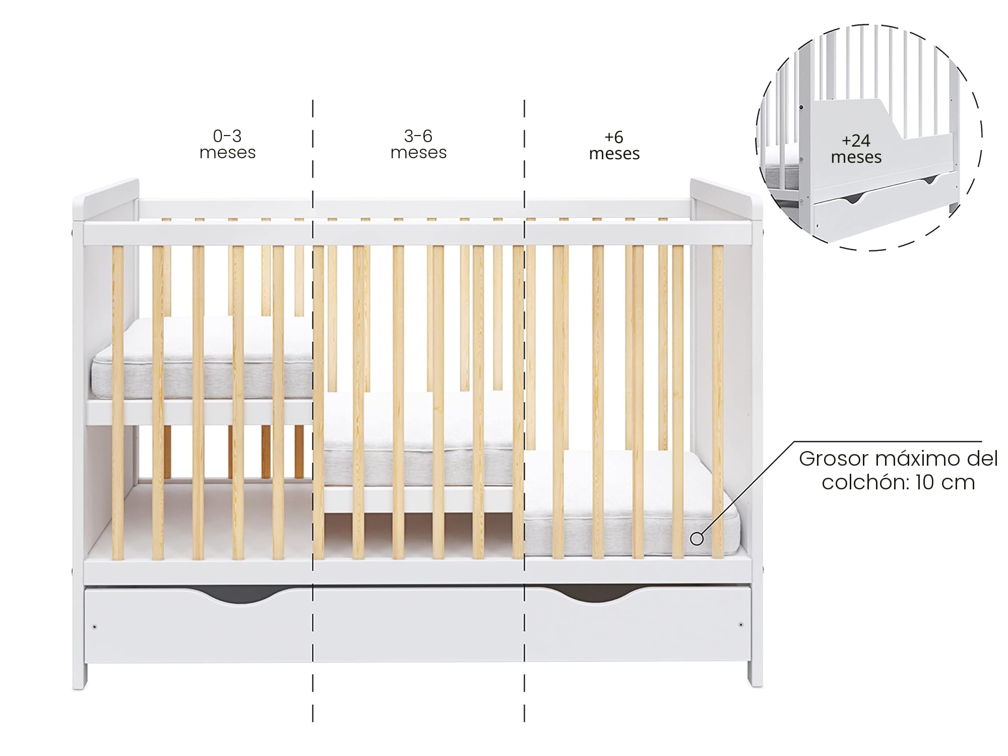 Love For Sleep Cuna Bebe Convertible en Cama 120x60cm con Colchón de Espuma con Funda Acolchada Antracita Tokyo Set Completo para bebé, transformable en Cama Infantil