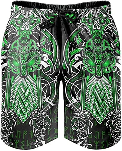 Mens Viking Swim Trunks Norse Myth Odin Totem Beach Shorts 3D Print Board Shorts Casual Athletic Shorts With Pockets