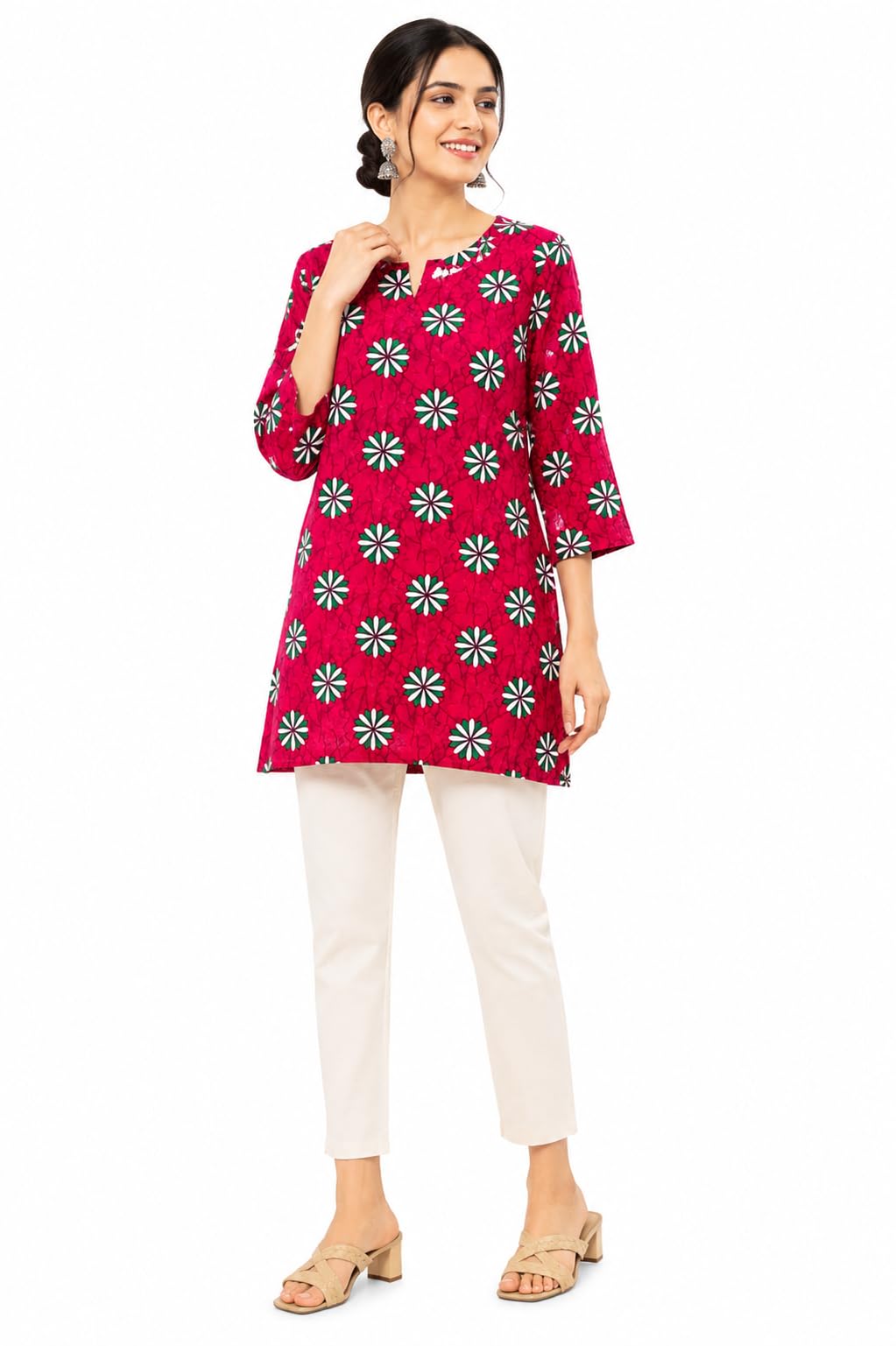 Women's Floral Printed Cotton Short Kurti Round Neck 3/4 Sleeve-picture-22