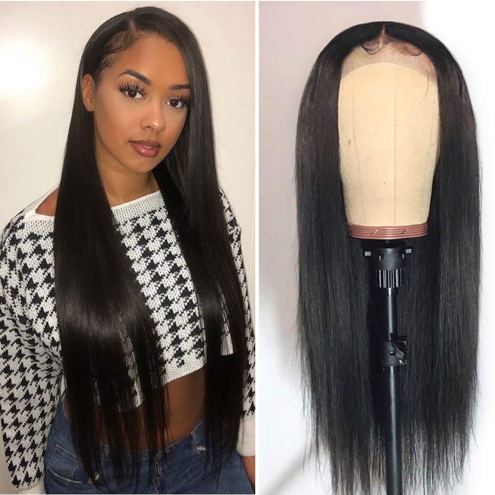 Straight 360 Lace Frontal Wig with Baby Hair Human Hair Wigs 130% Density 360 Wigs Pre Plucked 360 Lace Wig for High Ponytail Updo 16 Inches Natural Color