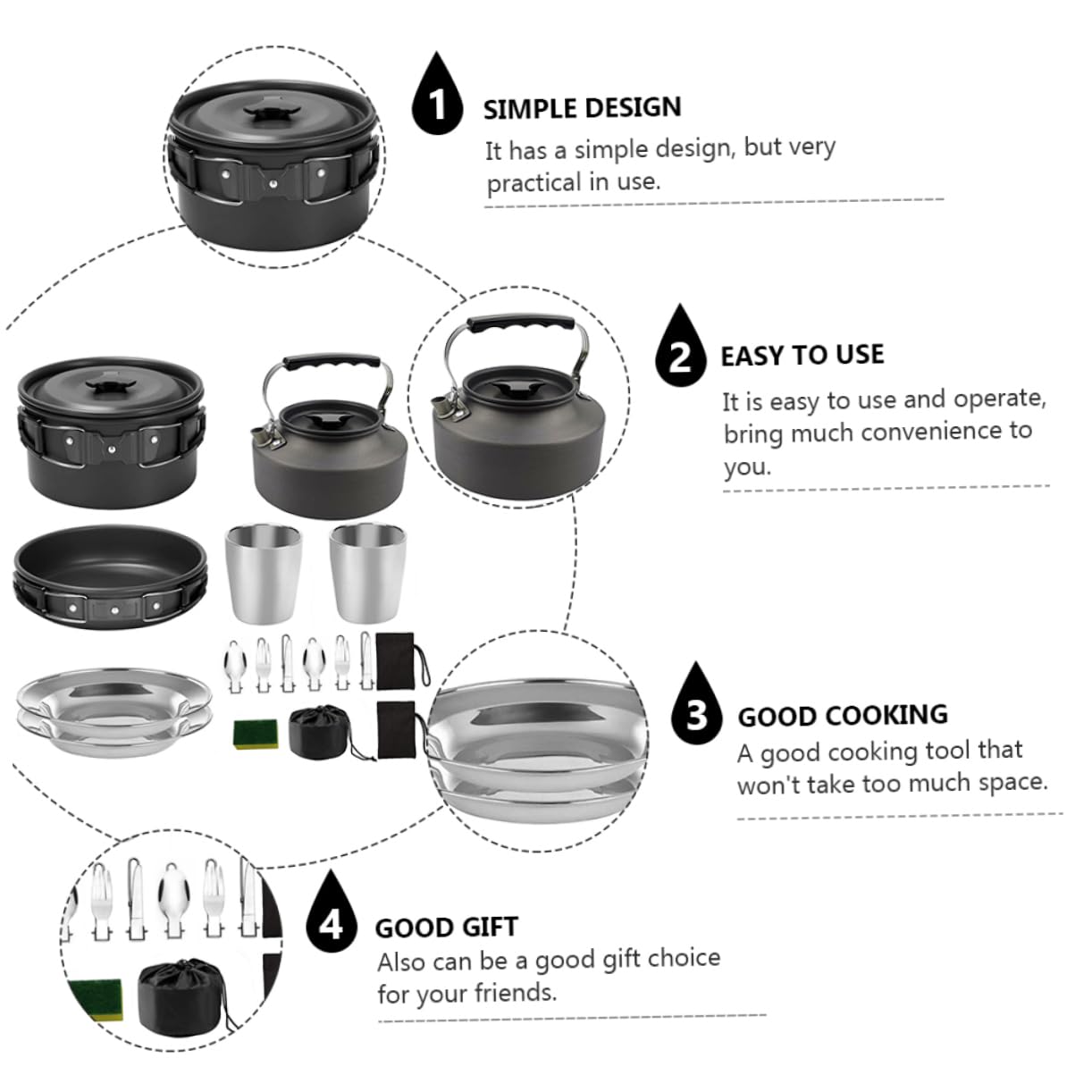BESTonZON Ensemble Cuisine de Randonnée Noir en Alliage D'aluminium Résistant la Corrosion et Haute Dureté, Vaisselle pour Barbecue Multifonction pour Voyage et Camping