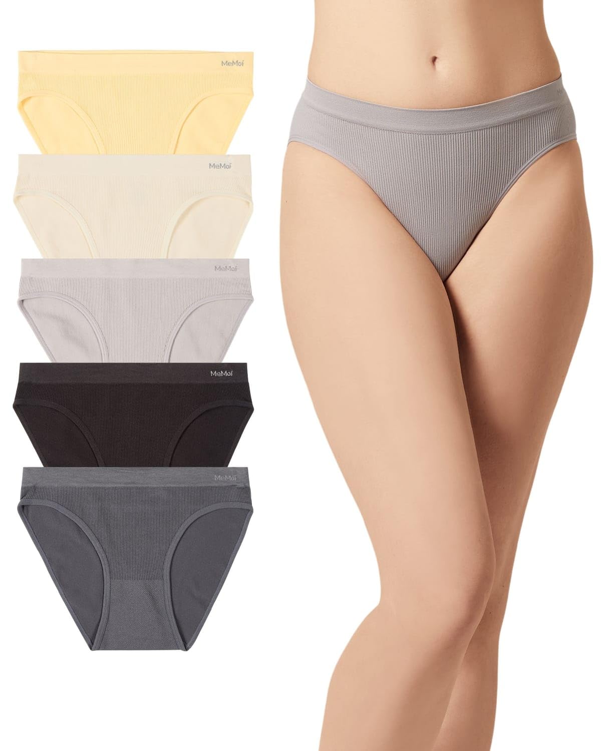 MeMoi Women's Pin Rib Seamless Bikini Panties 5 Pack, No Show Underwear