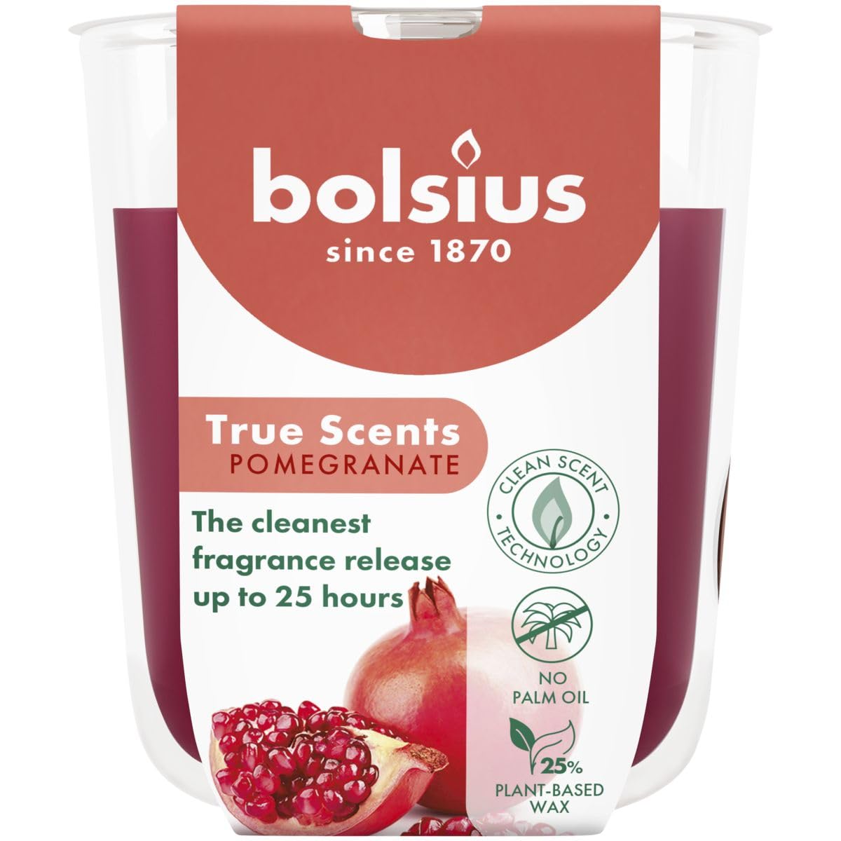 Bolsius, Pomegranate, Red, Set of 6 Scented Candles, 8 x 7 cm, Burn time: 25 Hours, with Natural extracts