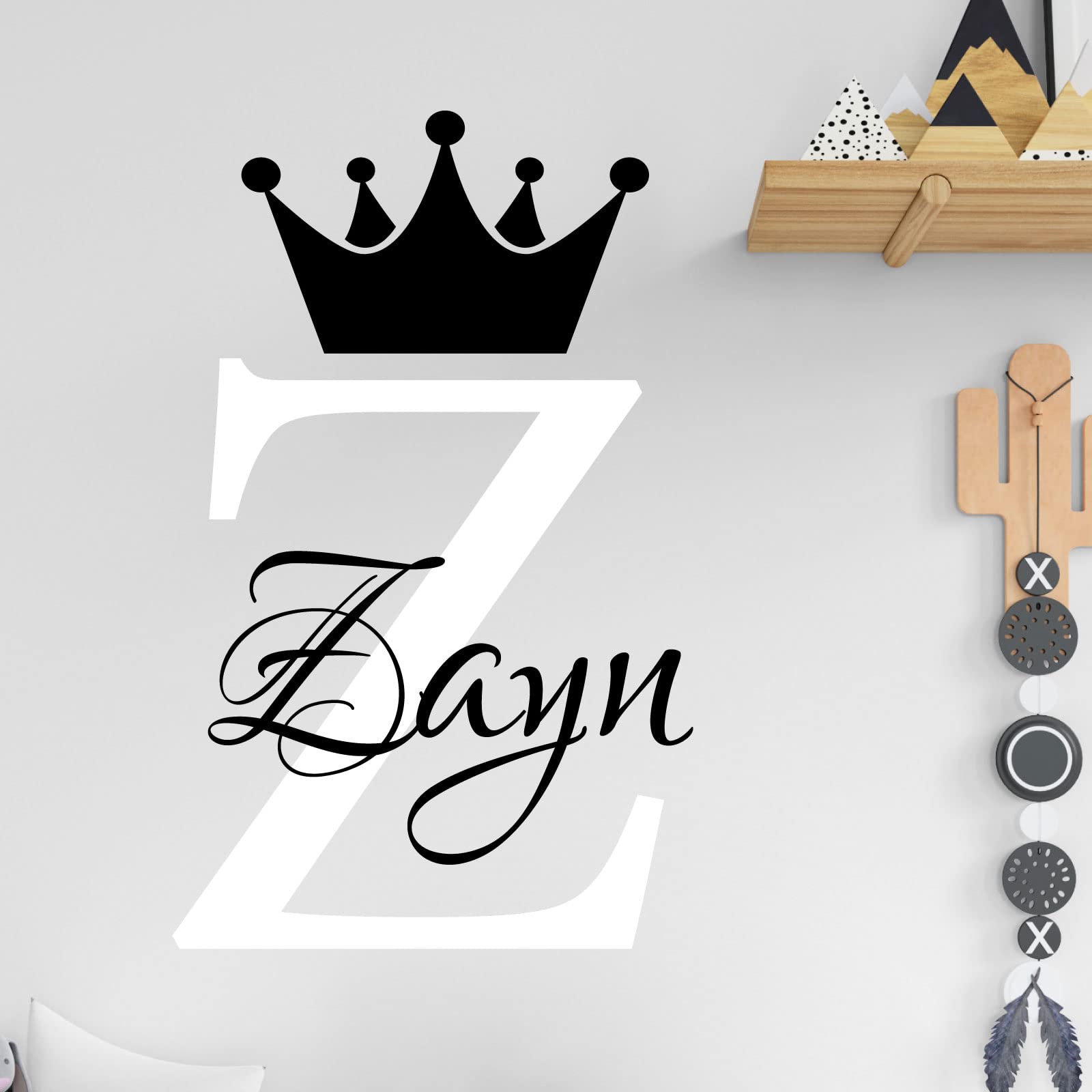 Personalised Name Baby Prince Princess Decal Wall Sticker - Initial Letter Crown [Large] [White]