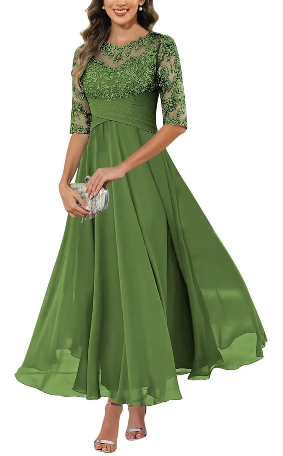 Kiyne Women's Olive Green Mother Of The Bride Dresses For With Sleeves Lace Applique Chiffon Wedding Guest Dress Formal Gown Uk14