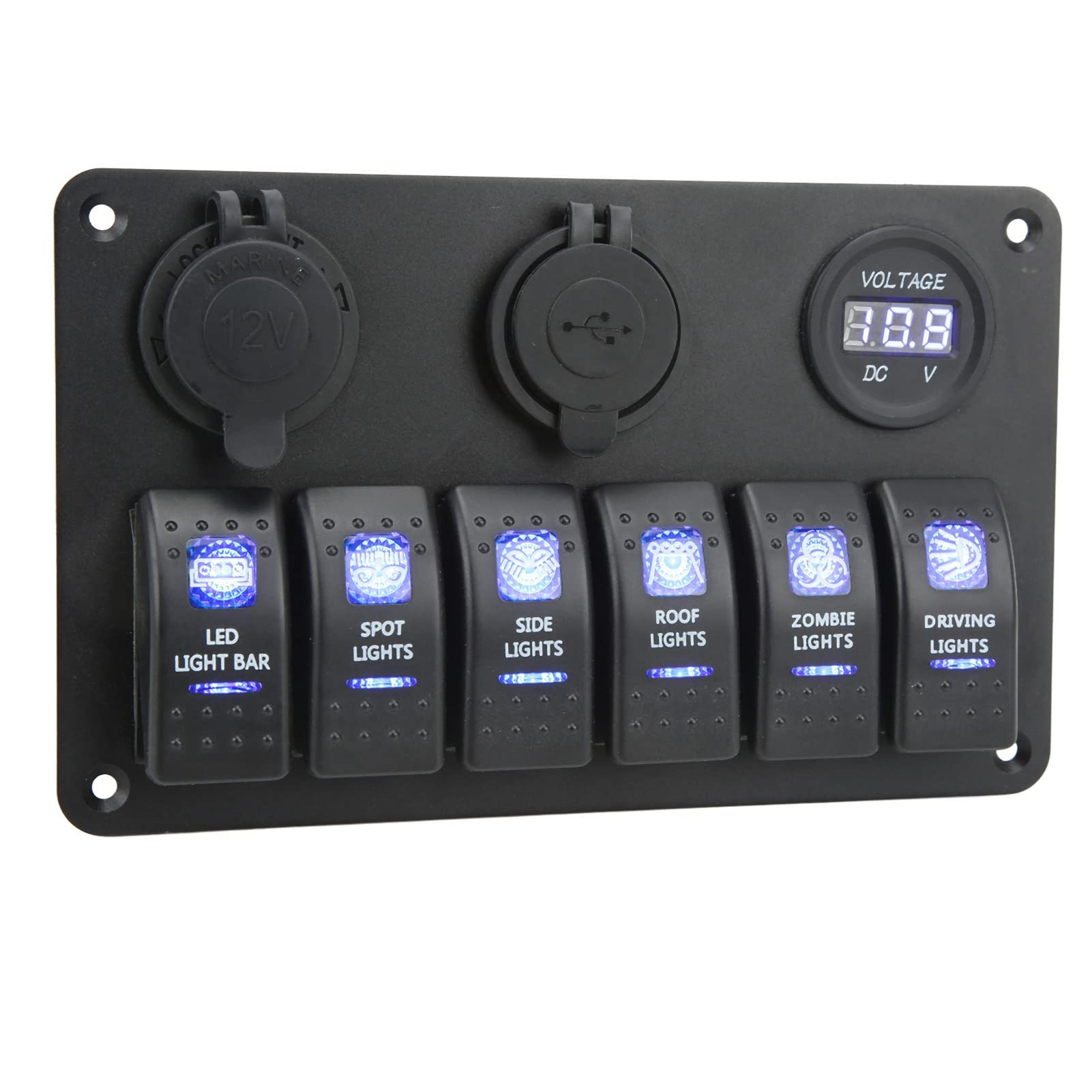 12V 24V 6-krotny Panel przełączników kołyskowych z woltomierzem podwójny Port USB niebieskie podświetlenie wodoodporne dla łodzi morskiej RV SUV Truck