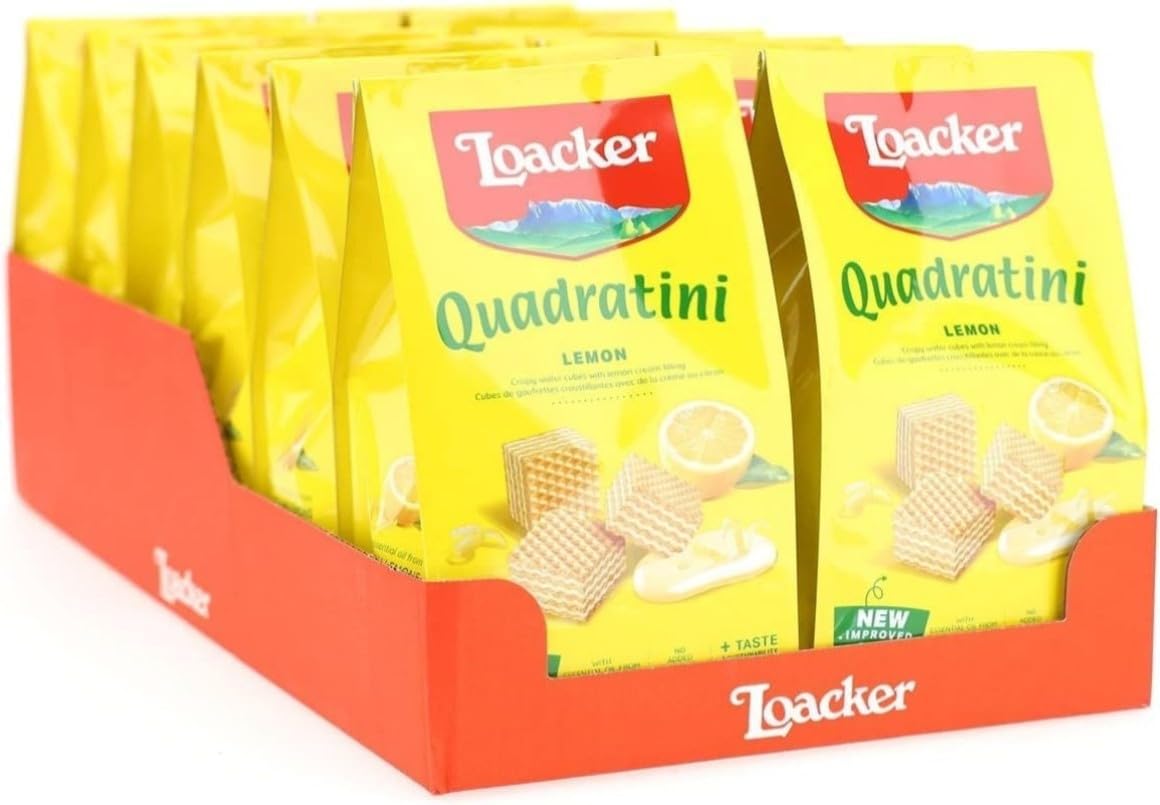 Loacker, Quadratini Lemon, Cubetti da Mangiare in un Boccone, con Cinque Strati di Croccanti Cialdine Wafer e Quattro di Crema al Gusto Limone, Snack Dolci per Colazione, 12 Sacchettini Richiudibili