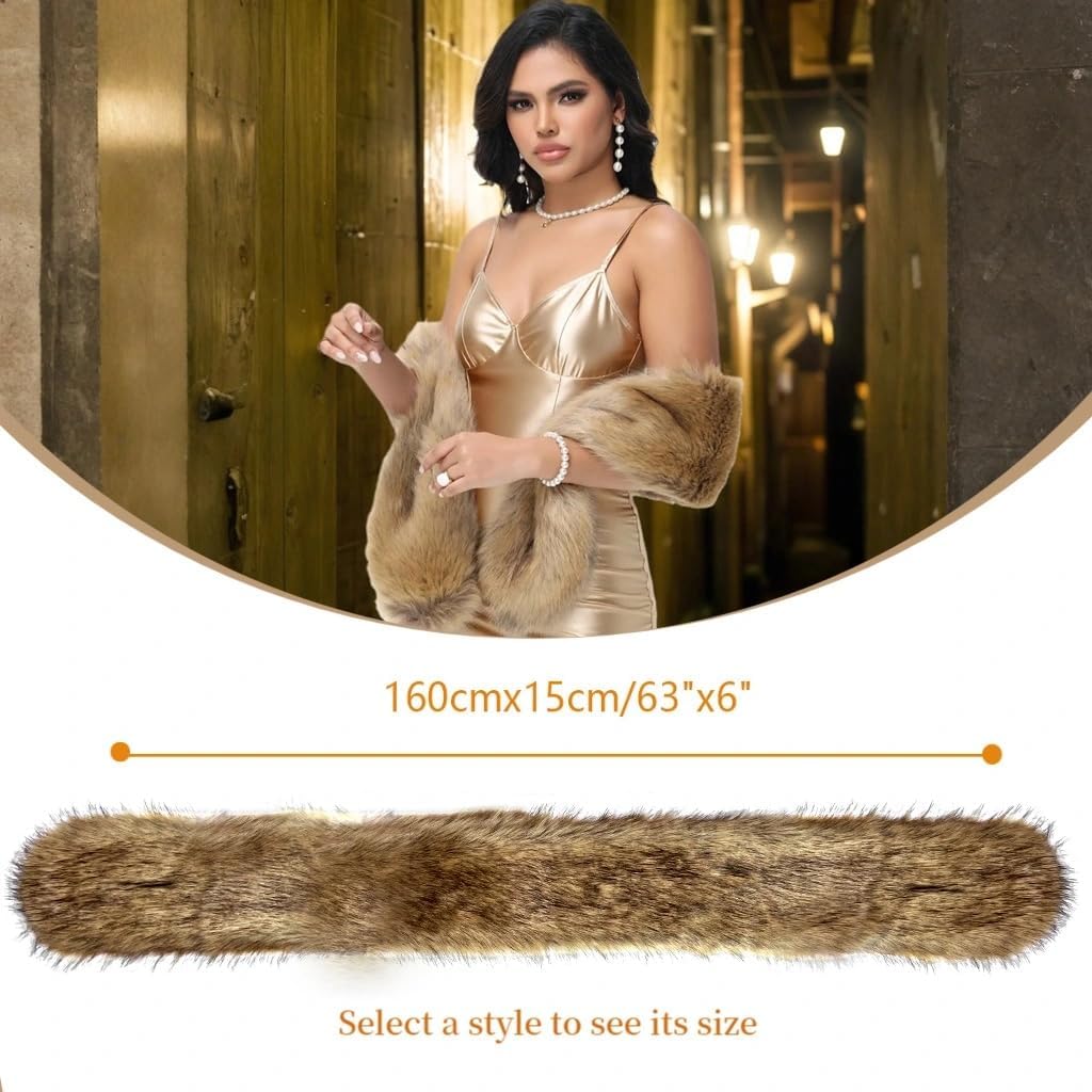 Long Women's Faux Fur Shawl Wrap, Cold Winter Warm Fur Stole Scarves Shawl Shrug Neck Warmer, Party Faux Fur Scarf - Image 2