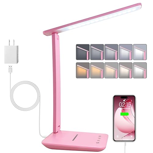 karidi LED Desk Lamp Dimmable Table Lamp with USB Charging Port, 5 Lighting Modes, Sensitive Control, Foldable Portable Desk Light for Home Office Bedroom Reading (Pink, Standard Size - 13.3 inch) - Pink - Standard Size - 13.3 inch