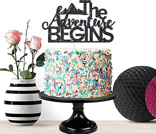 Miniatura 2 de The Adventure Begins - Decoración para tartas, decoración de tartas de fiesta negra con purpurina para parejas, aventuras, aventuras, viajes,