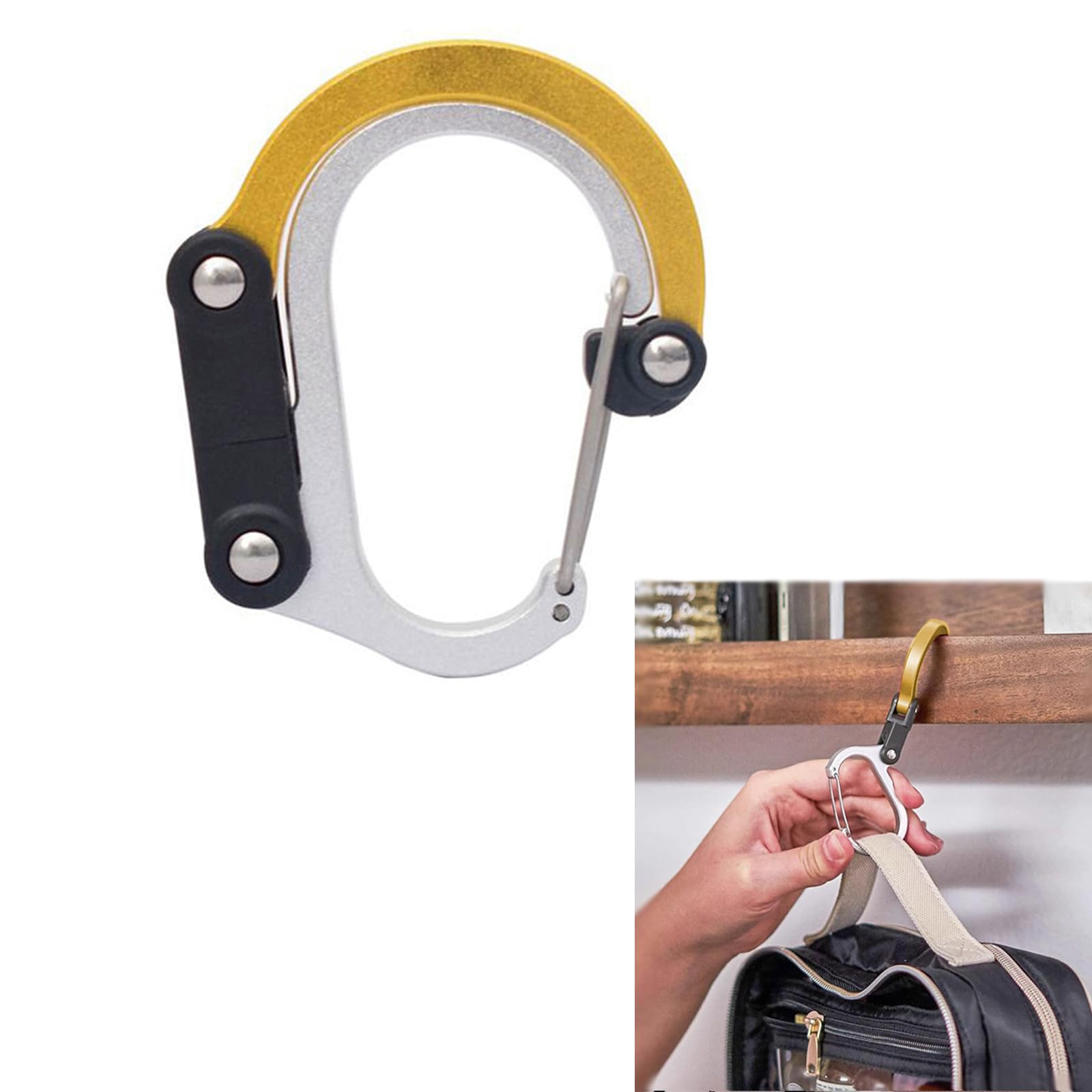 Doyime ヒーロークリップ バッグハンガー バッグフック 多機能 コンパクト 静止荷重15kg バッグクリップ 山に登るボタン (ゴールド)