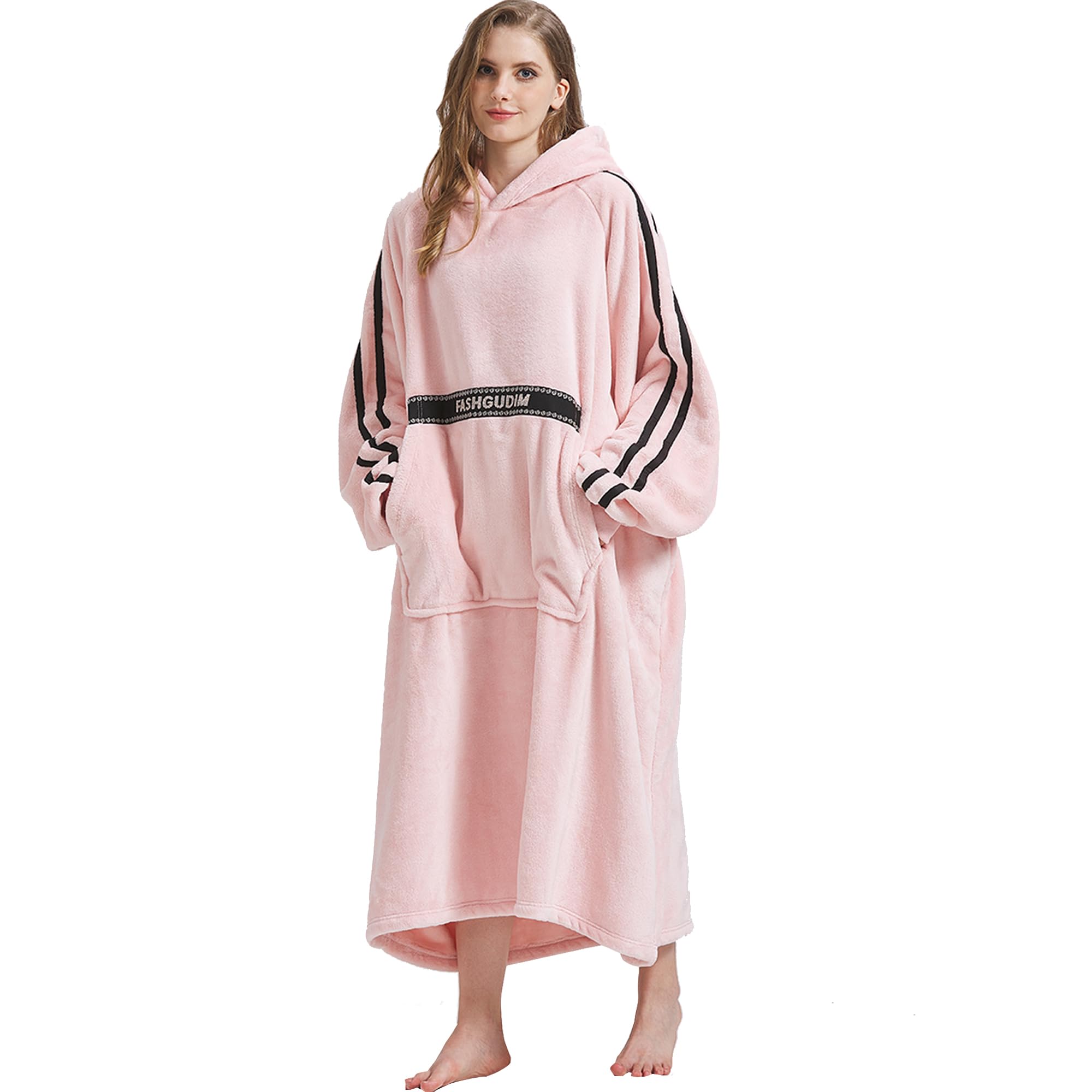 FashGudim 400g Oversized Wearable Blanket Hoodie for Adults Winter Warm Long Flannel Hooded Blanket Sweatshirt Sweater with Pockets Gifts for Mom Wife Women Girlfriend(Light Pink)