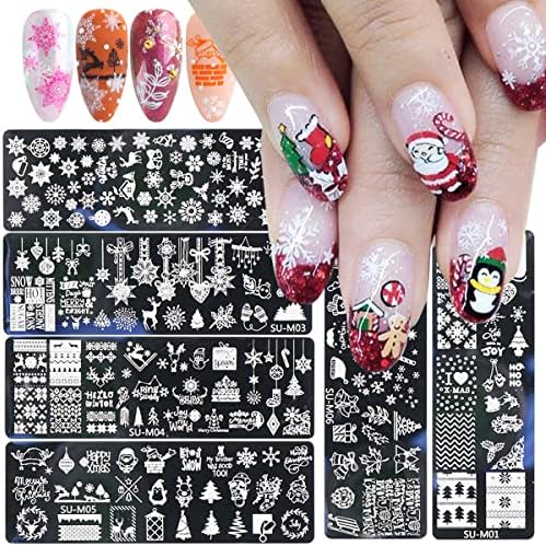 6Pcs Christmas Nail Stamping Plates Winter Snowflake Snowman Nail Stamper Template Kit Xmas Christmas Tree Elk Design Nail Decorations Supplies