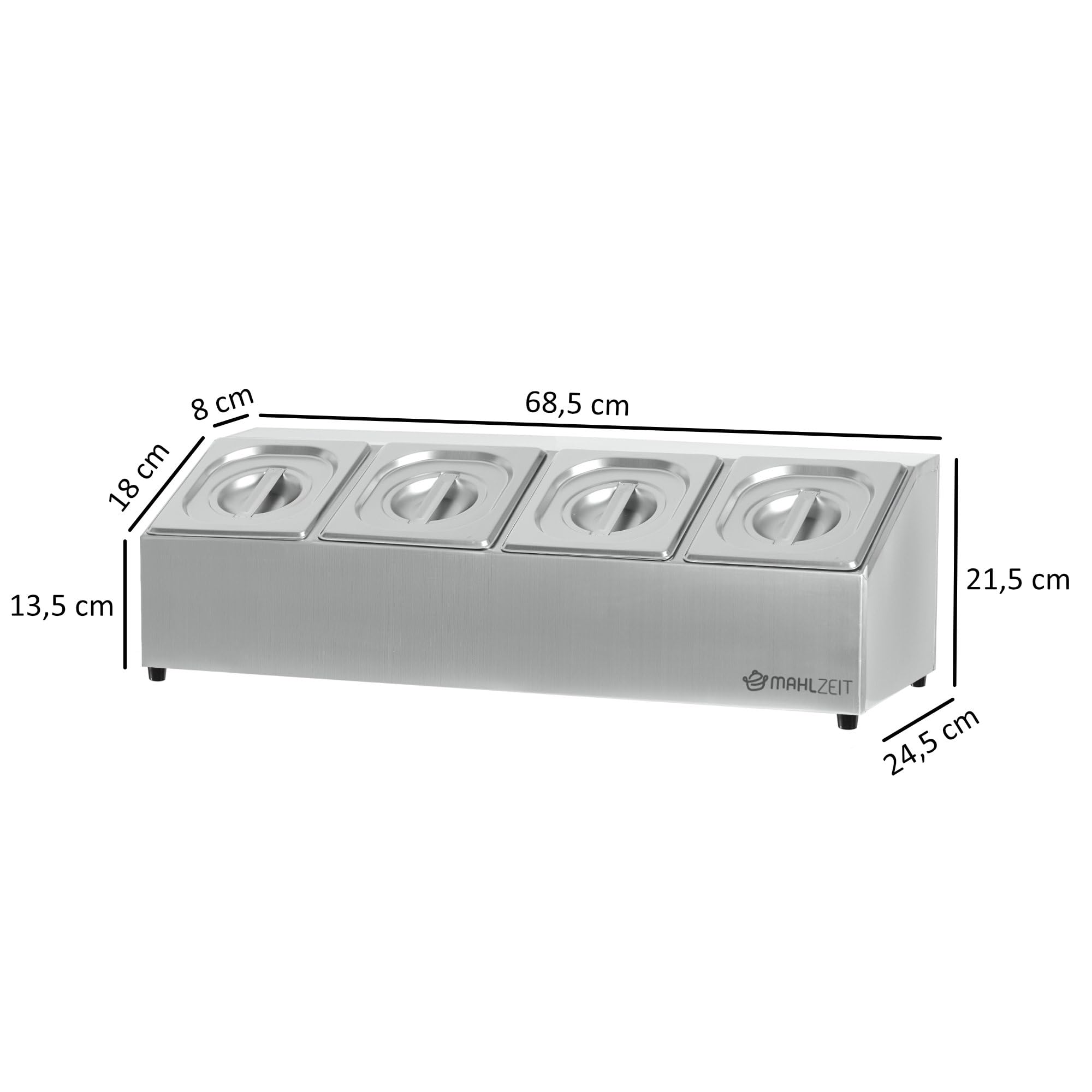 Mahlzeit Pojemnik na składniki ze stali nierdzewnej, 4 x 1/6 GN, pojemnik cateringowy z gumowymi nóżkami, 68,5 x 24,5 x 21,5 cm, pojemnik na składniki do koktajli, barek do kuchni, pizzy, akcesoria bufetowe, barek do sałaty
