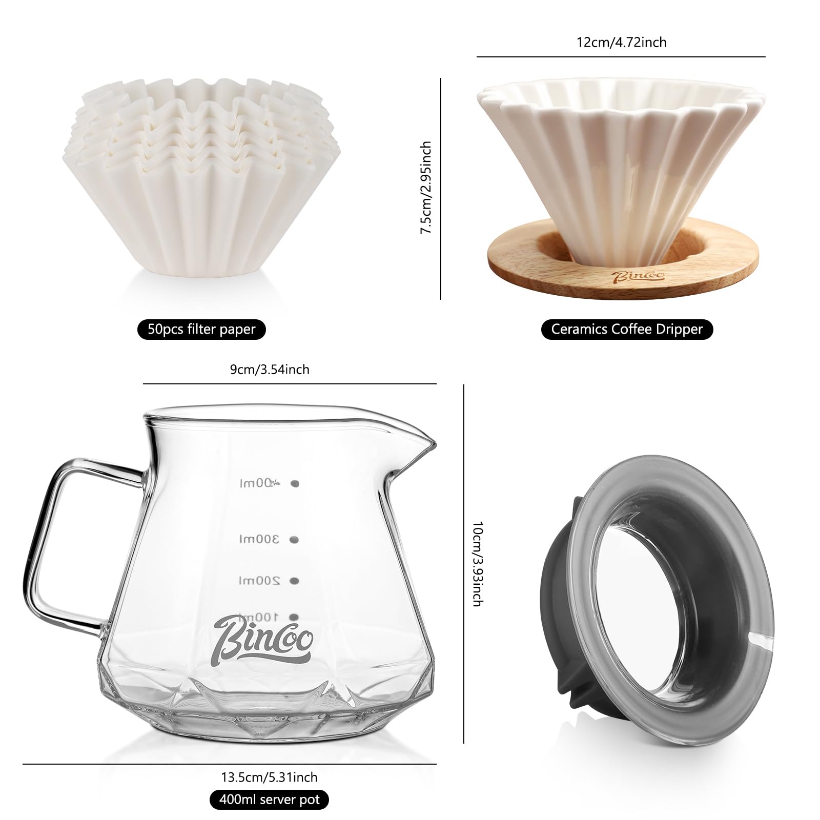Bincoo 400 ml Kaffeebereiter-Set mit Keramik-Kaffeetropfer und Holzständer, 1–2 Tassen, Übergieß-Kaffee Brühwerkzeug