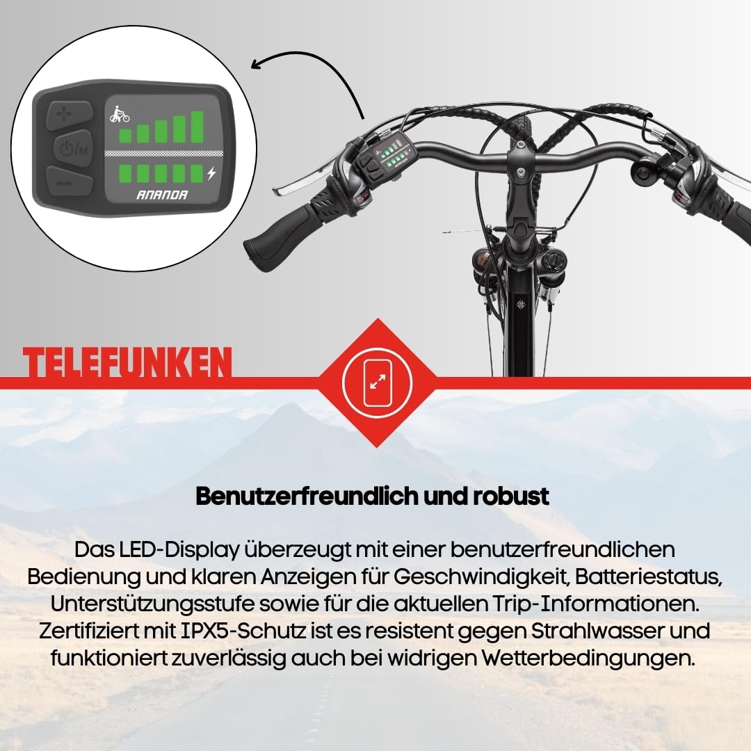 TELEFUNKEN E-Bike 28 Zoll für Damen & Herren | Trekking-Fahrrad mit 21-Gang Kettenschaltung | Elektrofahrrad mit 250W Hinterradmotor und Li-Ion-Akku | Pedelec mit V-Bremsen und LED-Beleuchtung
