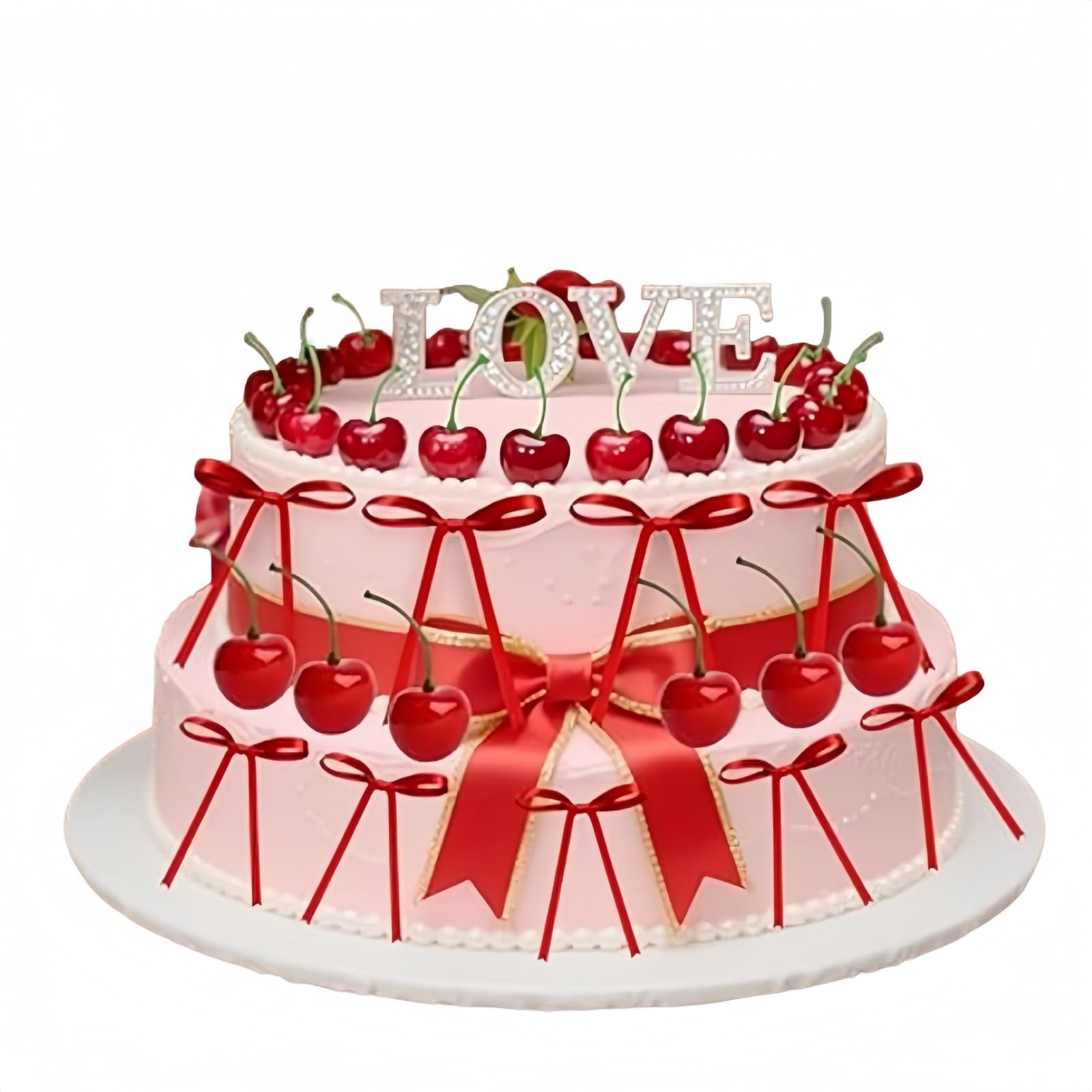 Photo 1 of 12 Pcs Cherry Cake Decorations and 12 Pcs Ribbion Bow Cake Toppers Artificial Cherries Decor for Birthday Party Decorations, Wedding Party Supplies,Christmas decorations(RED)