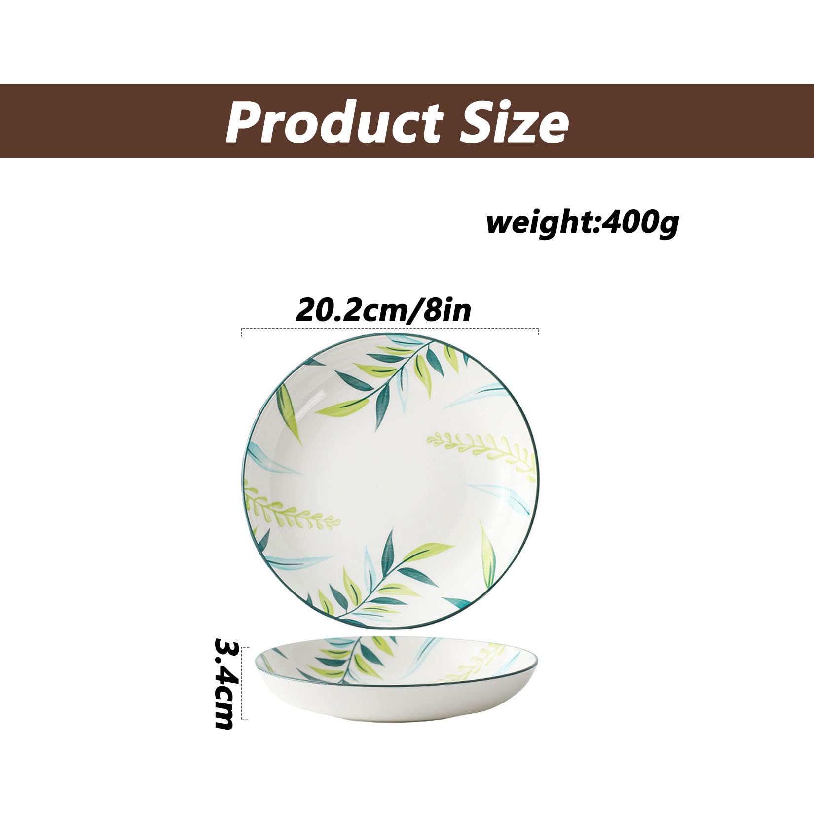 Set di 6 Piatti Piani, Piatto Piano in Ceramica Foglia Dipinta A Mano, Stile Semplice E Fresco, Adatto per Feste, Sagre, Compleanni,Bianca,8in