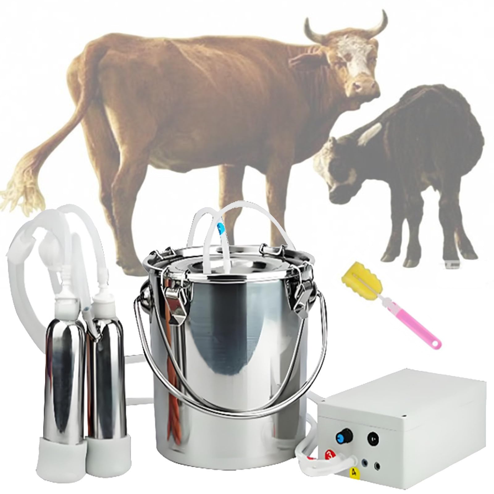 Mungitrice Portatile per Mucche e capre con Secchio in Acciaio Inox da 3L/5L, Attrezzatura Automatica per la mungitura del Bestiame con aspirazione Regolabile e Arresto Automatico Cow-5L