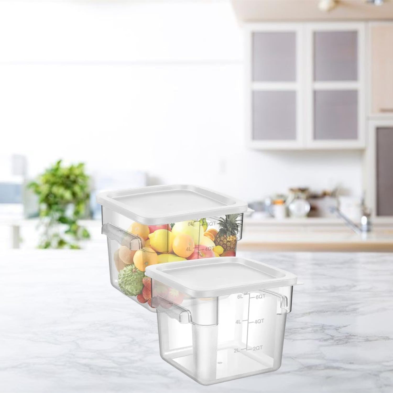 Set di 4 contenitori per alimenti con coperchio, 2 e 4 litri, in plastica trasparente, con manici per bilance, per casa, ristorante, frigorifero, congelatore, cucina, salamoia, pasta, marinare la