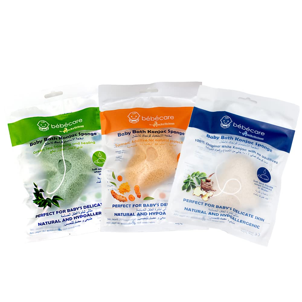 Bébécare Baby & Child Bath Konjac Sponge by Wackylicious, Turmeric | 100% Natural Plant-Based Konjac Root | for Boys & Girls Newborns Toddlers & Kids | Baby Gifts Bathing accessories