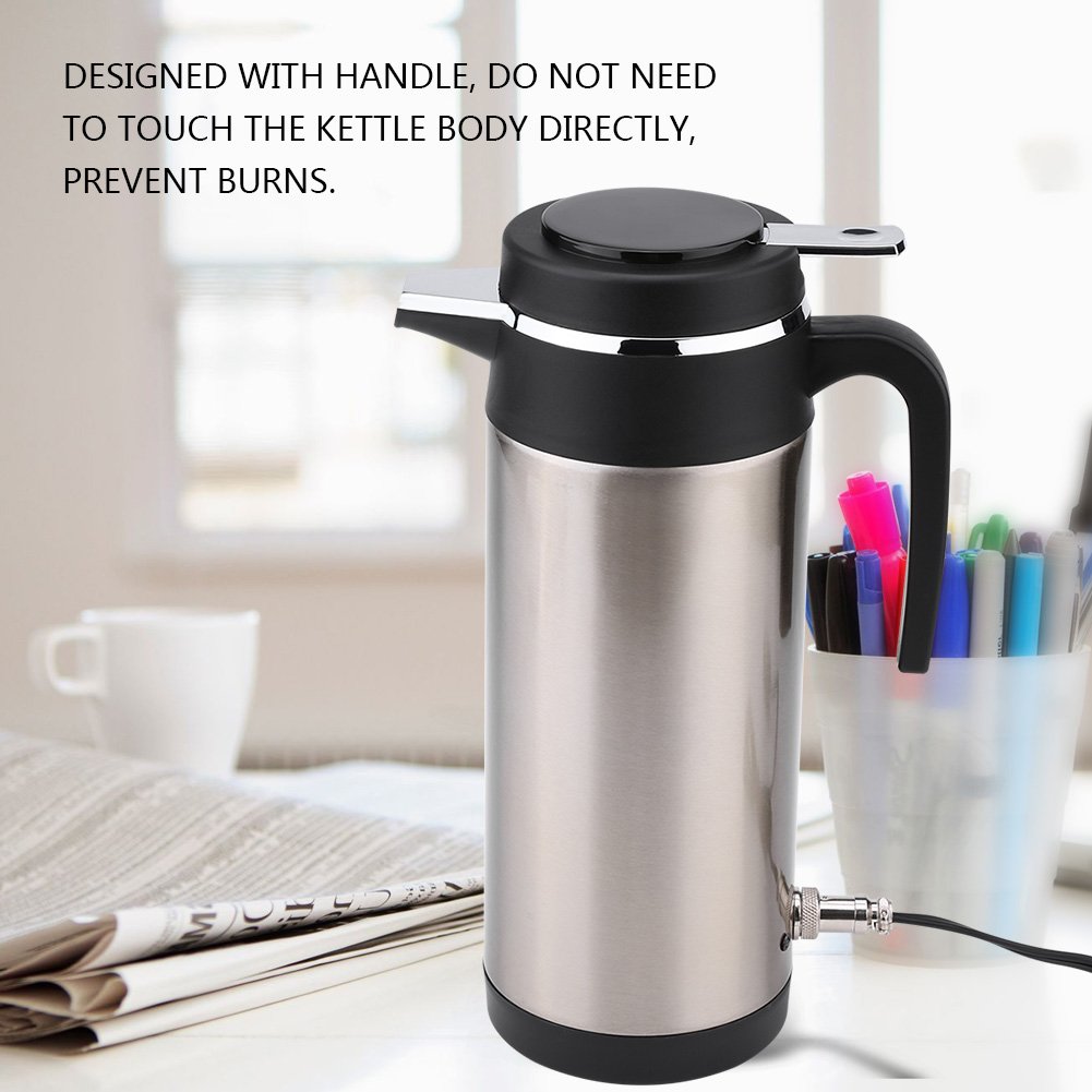 FTVOGUE Hervidor de agua eléctrico para coche, 1200 ml, 12 V, de acero inoxidable, termo eléctrico, portátil, para calentar el coche, botella de agua, hervir rápidamente para té y café