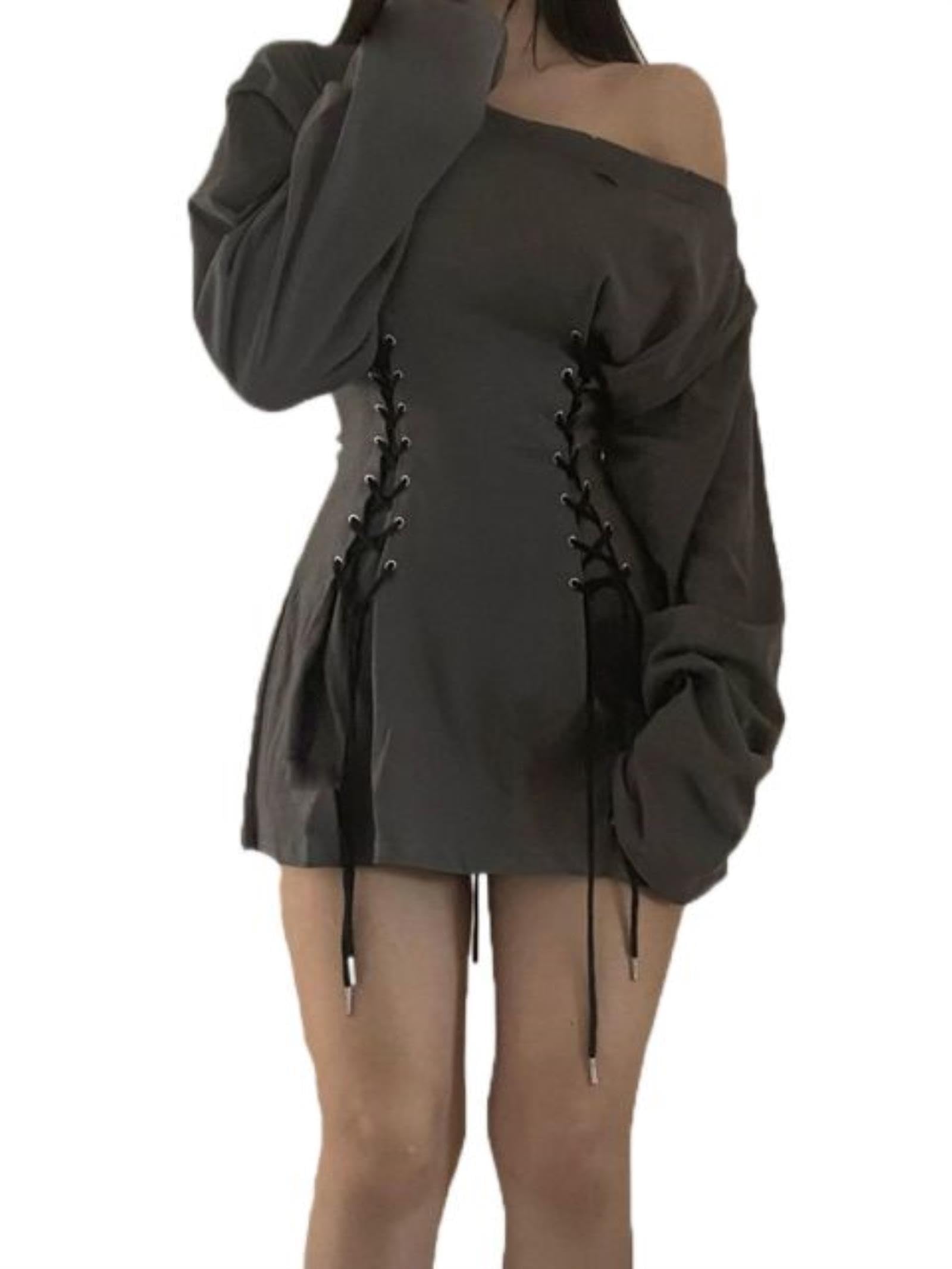 Wszjln Women's Grey 2023 New Fairycore Grunge Gothic Corset Dress Harajuku Vintage Y2k 90S Streetwear Bandage Slim Aesthetic Dresses-,Xl