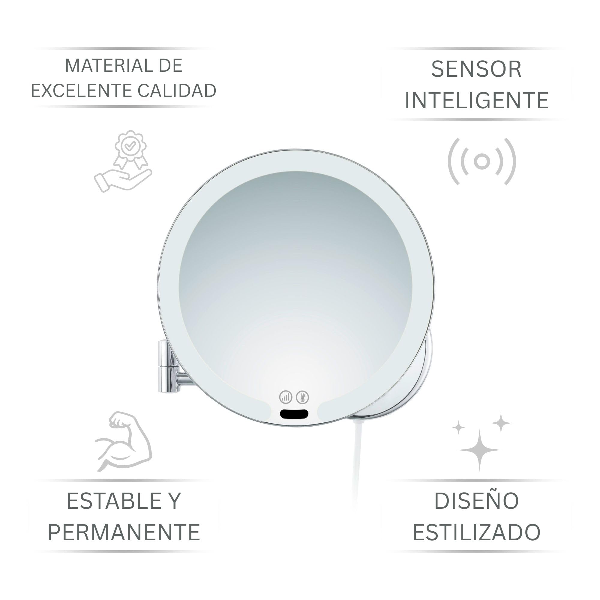 Vittoria Espejo de Aumento de Pared con LED – Espejo de Maquillaje Redondo 7X con Sensor y Atenuador – Brazo Extensible en Metal Cromado, Cable Blanco