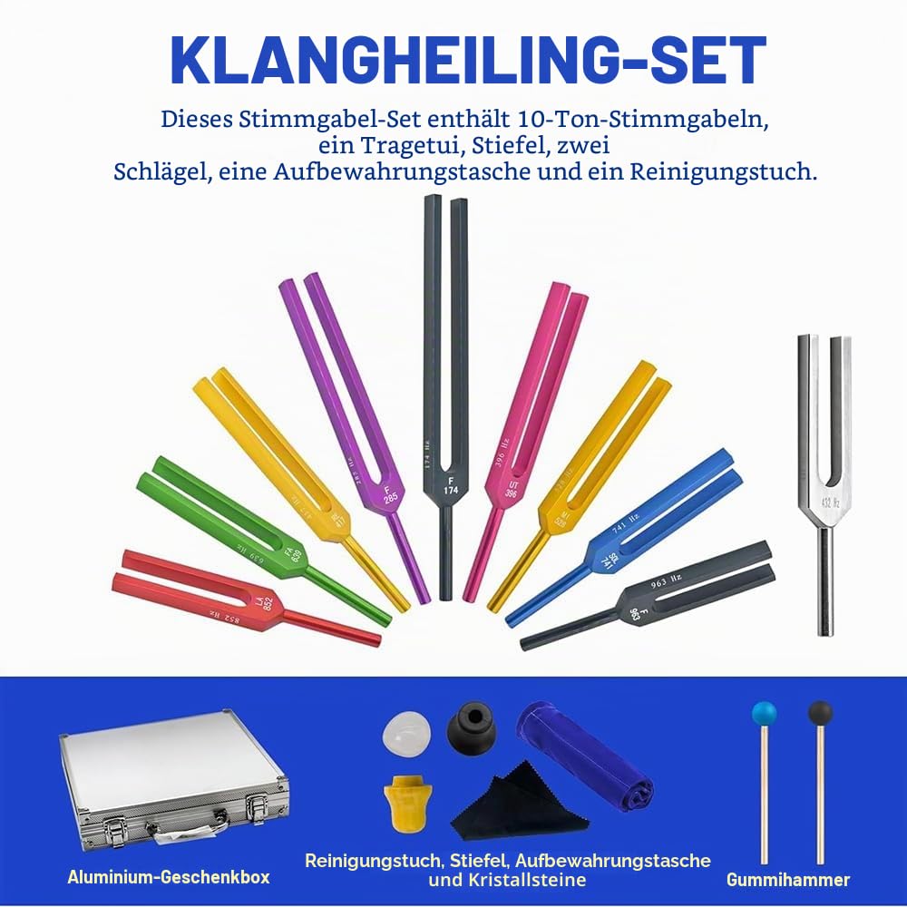 NEWFUN Stimmgabel,Stimmgabel Neurologie,10er Set (174 Hz, 285 Hz, 396 Hz, 417 Hz, 432 Hz, 528 Hz, 639 Hz, 741 Hz, 852 Hz, and 963 Hz), für Klangtherapie Gewichtete Stimmgabel Geeignet Meditation