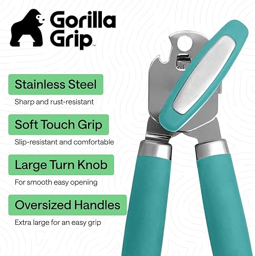 Miniatura 2 de GORILLA GRIP - Abridor de latas manual de acero inoxidable resistente con borde liso y abridor de botellas, mango suave y cómodo, perilla de mano